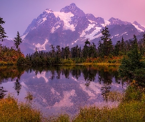 Park Narodowy Północnych Gór Kaskadowych, Stan Waszyngton, Odbicie, Stany Zjednoczone, Góra, Góry, Mount Shuksan Drzewa, Jezioro, Jesień, Picture Lake