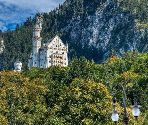 Zamek Neuschwanstein, Drzewa, Niemcy, Skały, Bawaria