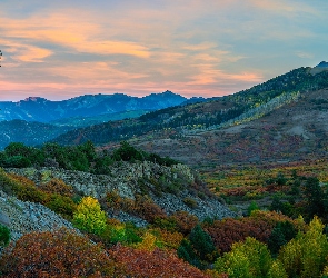 Stany Zjednoczone, Kolorowe, Lasy, San Juan Mountains, Góry, Dolina, Jesień, Drzewa, Kolorado, Krzewy, Telluride, Skały