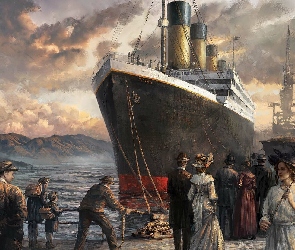 Grafika, Port, Titanic, Ludzie, Statek