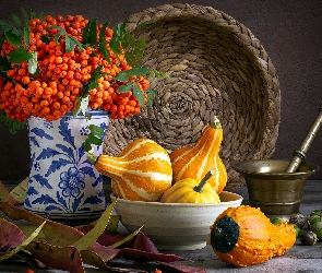 Jarzębina, Dynie, Kompozycja, Miska, Żołędzie, Wazon, Koszyk, Moździerz