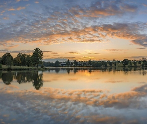 Drzewa, Kell, Niemcy, Przyrody, Saar Hunsruck, Park, Zbiornik, Kell am See, Wschód słońca, Chmury, Jezioro