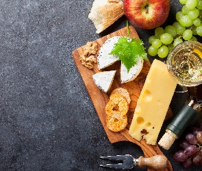 Deska, Ser, Wino, Kompozycja, Winogrona, Jabłko