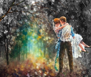 Mężczyzna, Las, Obraz, Kobieta, Drzewa, Malarstwo, Leonid Afremov