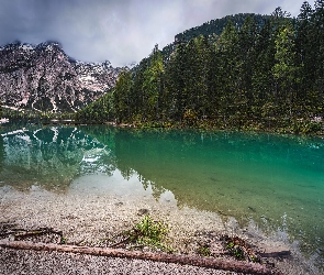Fanes Sennes Prags, Lago di Braies, Jezioro Pragser Wildsee, Włochy, Dolomity, Góry, Drzewa, Park przyrody