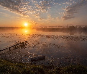 Zachód słońca, Mgła, Jezioro, Drzewa, Chmury