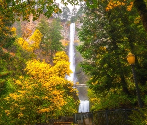 Drzewa, Multnomah Falls, Wodospad, Stany Zjednoczone, Jesień, Latarnia, Stan Oregon, Most