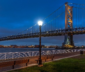 Delaware River, Benjamin Franklin Bridge, Most, Stany Zjednoczone, Filadelfia, Ławeczki, Pensylwania, Rzeka