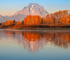 Stany Zjednoczone, Park Narodowy Grand Teton, Teton Range, Rzeka, Jesień, Góry, Jesień, Drzewa, Stan Wyoming, Snake River