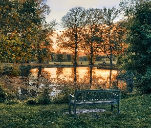 Staw, Zachód słońca, Drzewa, Ławka, Park