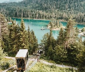 Lasy, Kolejka linowa, Jezioro Caumasee, Wzgórze, Gryzonia, Drzewa, Szwajcaria, Gmina Flims