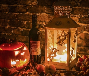 Wino, Butelka, Halloween, Lampion, Świeczka, Kompozycja, Dynia