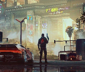 Cyberpunk 2077, Miasto, Samochód, Człowiek, Gra