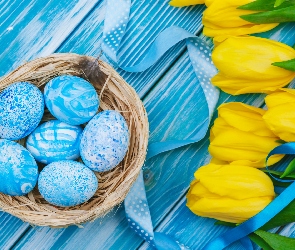 Żółte, Wstążka, Tulipany, Gniazdo, Deski, Pisanki, Wielkanoc, Niebieskie