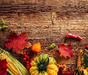 Kukurydza, Jarzębina, Dynie, Jabłko, Kompozycja, Liście, Jesienna, Miechunka