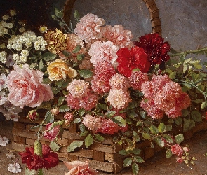 Obraz, Malarstwo, Goździki, Kosz, Kwiaty, Róże, Hans Buchner