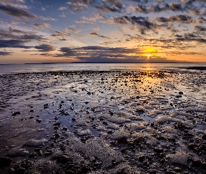 Morze, Zachód słońca, Plaża, Chmury, Zatoka