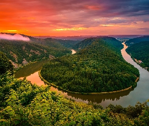 Saara River, Rzeka, Niemcy, Lasy, Zachód słońca, Mettlach, Zielone