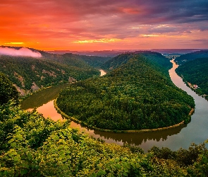 Mettlach, Zachód słońca, Saara River, Niemcy, Lasy, Rzeka, Zielone
