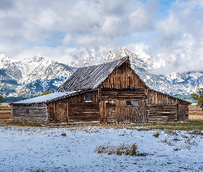 Chata, Teton Range, Drewniana, Stodoła, Stany Zjednoczone, Park Narodowy Grand Teton, Drzewa, Wyoming, Góry