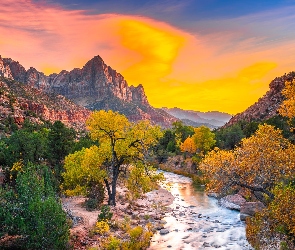 Park Narodowy Zion, Stan Utah, Jesień, Stany Zjednoczone, Zachód słońca, Drzewa, Góry Watchman, Rzeka Virgin River, Kamienie