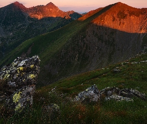 Skały, Roślinność, Szczyty, Rozświetlone, Góry