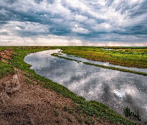 Łąki, Mongolia, Chmury, Niebo, Rzeka Kerulen