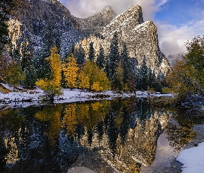 Drzewa, Rzeka, Góry, Stany Zjednoczone, Park Narodowy Yosemite, Odbicie, Kalifornia, Śnieg