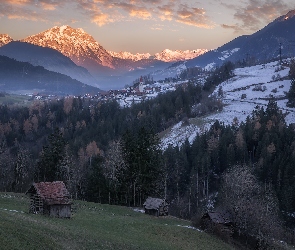 Alpy, Góry, Austria, Domy, Śnieg, Gmina Arzl im Pitztal, Drzewa