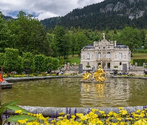 Zamek, Bawaria, Góry, Niemcy, Ettal, Drzewa, Pałac Linderhof, Fontanna, Park