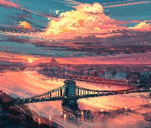 Chmury, Dunaj, Rzeka, Grafika, Budapeszt, Wschód słońca, Węgry, Most