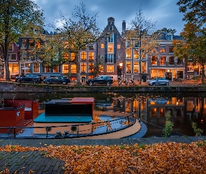 Holandia, Amsterdam, Jesień, Kanał, Drzewa, Domy