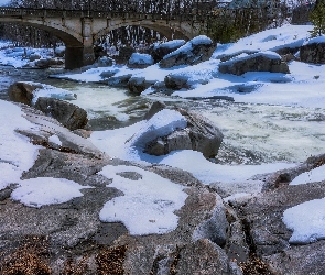 Most, Śnieg, Kamienie, Ośnieżone, Rzeka