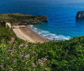 Skały, Beach of Ballota, Plaża, Hiszpania, Morze, Wybrzeże, Asturia, Zatoka