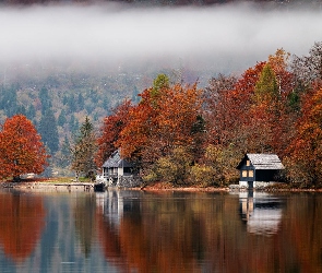 Jezioro, Mgła, Domy, Drzewa, Jesień