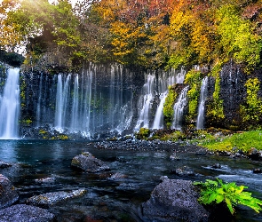 Drzewa, Kamienie, Shizuoka, Jesień, Wodospad Shiraito, Japonia, Park Narodowy Fudżi Hakone Izu