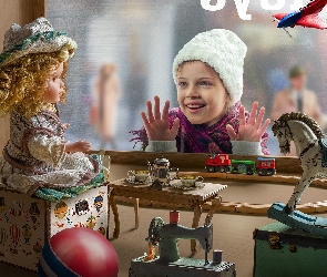 Lalka, Zabawki, Szyba, Dziewczynka, Sklep, Wystawa