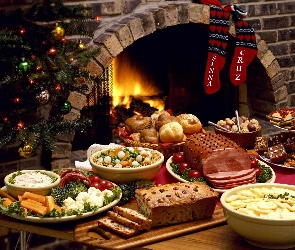 Choinka, Kominek, Jedzenie, Skarpety, Świąteczne