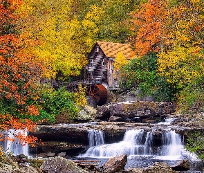 Rzeka, Młyn wodny, Drzewa, Jesień, Stany Zjednoczone, Park Babcock State, Glade Creek Grist Mill, Wirginia Zachodnia, Skały