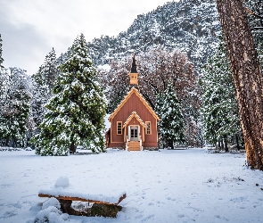 Kaplica, Ławka, Drzewa, Zima, Stany Zjednoczone, Park Narodowy Yosemite, Las, Stan Kalifornia, Kościółek