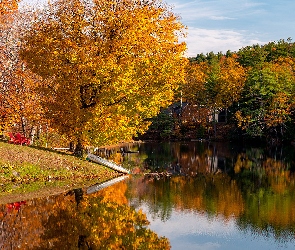 Rzeka, Jesień, Odbicie, Domy, Kolorowe, Drzewa, Łódka