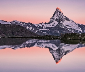 Alpy, Góry, Szwajcaria, Matterhorn, Jezioro, Odbicie, Góra