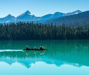 Jezioro, Park Narodowy Yoho, Kolumbia Brytyjska, Kanada, Góry, Las, Kajak, Drzewa, Emerald Lake