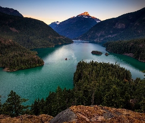 Stan Waszyngton, Jezioro, Stany Zjednoczone, Góry, Lasy, Park Narodowy Północnych Gór Kaskadowych, Drzewa, Diablo Lake