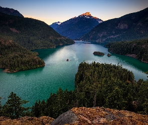 Góry, Stan Waszyngton, Stany Zjednoczone, Drzewa, Diablo Lake, Jezioro, Lasy, Park Narodowy Północnych Gór Kaskadowych