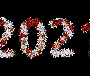 Nowy, Rok, Gwiazdki, Czerwone, Czarne tło, 2021, Płatki, Data, Cyfry, Śniegu, Bombki