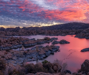 Jezioro, Wschód słońca, Stany Zjednoczone, Skały, Prescott, Arizona, Watson Lake
