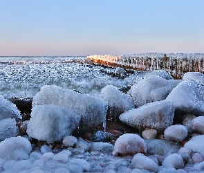 Zima, Falochron, Kamienie, Morze, Oblodzone