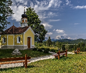 Bawaria, Krun, Drzewa, Niemcy, Góry, Kaplica Maria Rast, Ławki