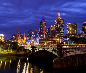 Domy, Princes Bridge, Most, Australia, Wieczór, Wieżowce, Melbourne, Rzeka Yarra